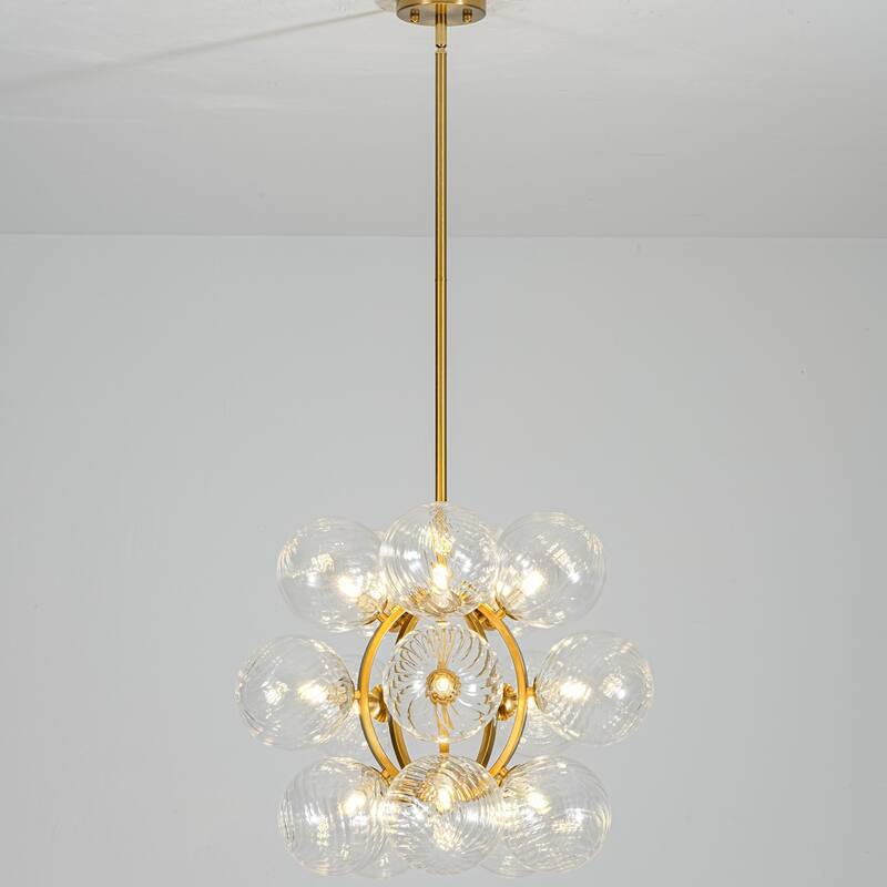 15-Light Brushed Gold Modern Luxury Twisted Glass Globe Iron Chandelier with Adjustable Rod for Living & Dining Rooms - 21.3 in. W x 18.1 in. H - Gold