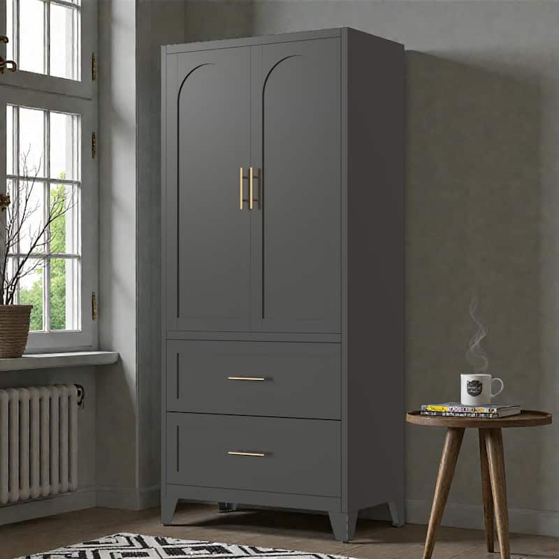 71 Inch Tall Metal Wardrobe Cabinet with 2 Drawers and Hanging Rod, 2 Door Steel Closet with Shelf for Bedroom