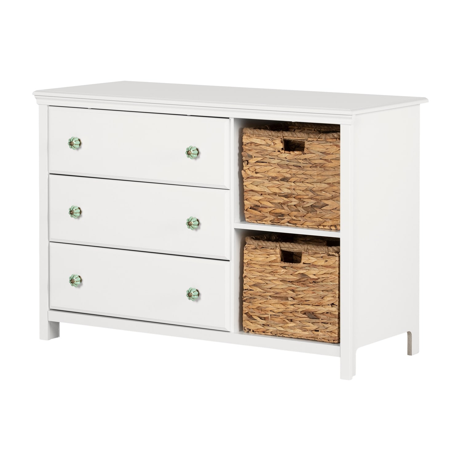 3-Drawer Pure White Dresser with Woven Baskets, Compact Storage, and Coastal Inspired Modern Farmhouse Look