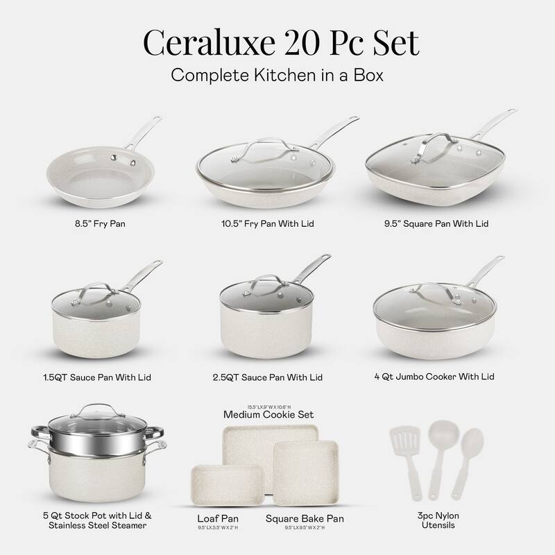 Granitestone Ceraluxe 20 Piece Nonstick Ceramic Cookware & Bakeware Set