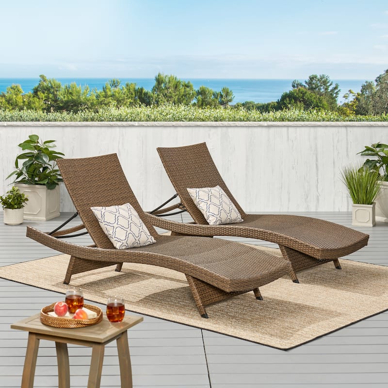 Outdoor Curved Wicker Lounge Chair Set of 2, Water Resistant Adjustable Reclining Chairs with Armrests & Folding Legs - Mocha