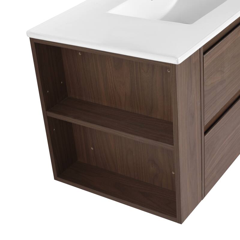 Contemporary 36-Inch Bathroom Vanity Cabinet with Adjustable Side Shelf, Soft-Close Drawers & Ceramic Sink - 35.9in L Plywood