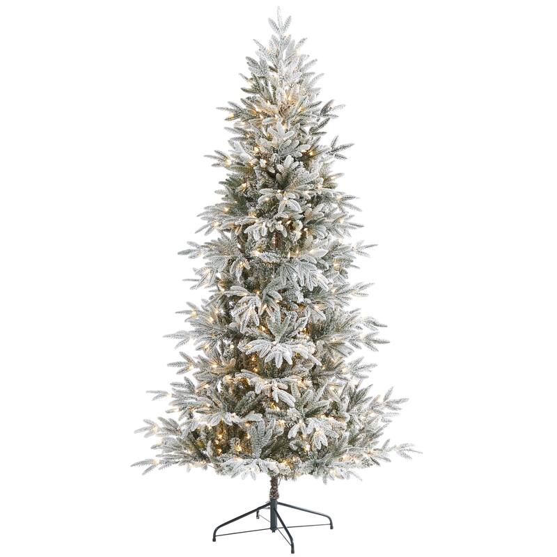 7.5’ Pre-Lit Flocked Manchester Spruce Artificial Christmas Tree, Warm Clear LED Lights - 7 Foot