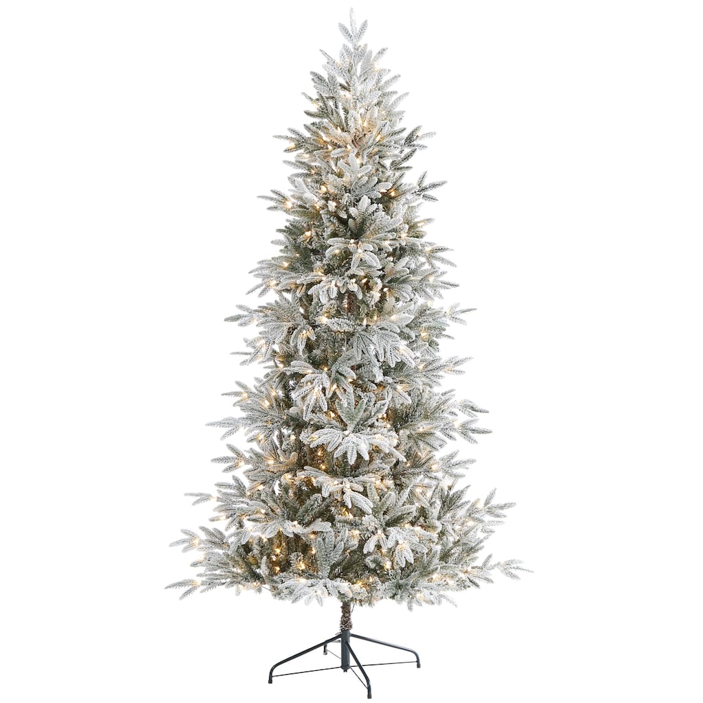 7.5’ Pre-Lit Flocked Manchester Spruce Artificial Christmas Tree, Warm Clear LED Lights - 7 Foot