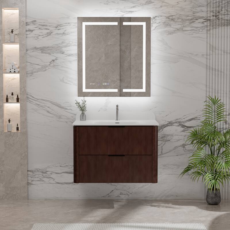 Modland Fluted Floating Vanity with Sink, Plywood Wall Mount Cabinet, Curved Edge, 24/30/36 Inch