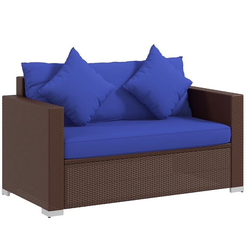 Outsunny Outdoor Wicker Loveseat, Patio Furniture Couch with Cushions, 2 Seats PE Rattan Sofa, 2 Throw Pillows