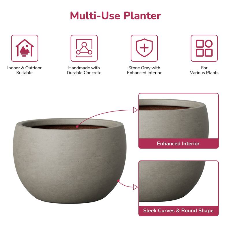 Concrete Round Bowl Planter with Drainage Hole(Upgraded Interior)