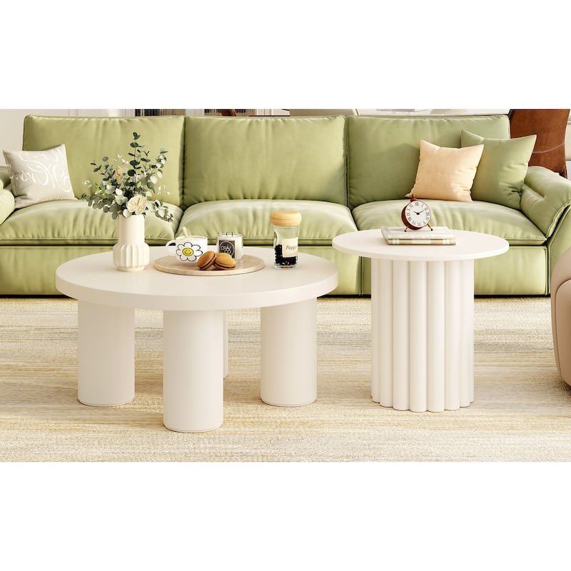Modern Coffee Table Set of 2, Round Coffee Table with Cylindrical Leg Design and 1 End Table for Living Room