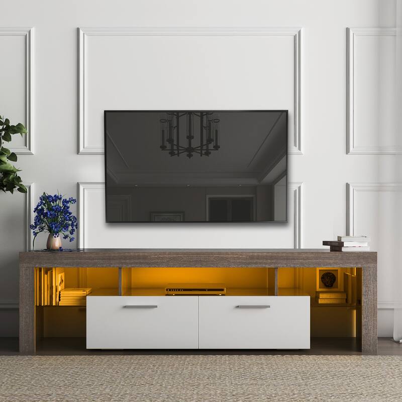 TV Stand with 3 Open Shelves, LED Color Changing Lights, Toughened Glass Shelf Floor Cabinet Floor TV Wall Cabinet - Brown+White 60-69 inches