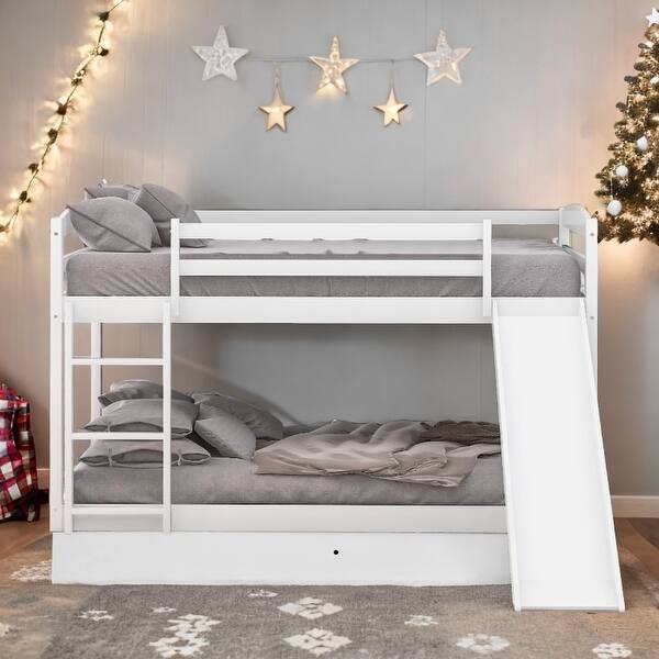 slide 2 of 31, Space-saving Design Low Bunk Bed with Slide,Twin over Twin Bunk Bed with Convertible Slide and Ladder White