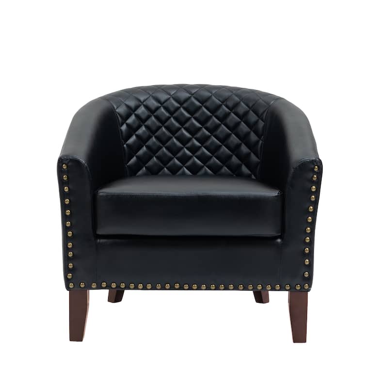 Modern Leather Nailheads Trim Barrel Accent Chairs with Wood Legs