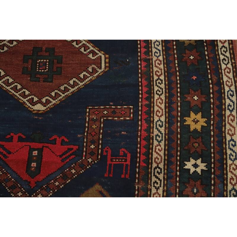 Hand Knotted Oriental 100% Wool Carpet Traditional Tribal Navy Blue & Blues Kazak Runner Rug - 6' 7'' X 3' 5''