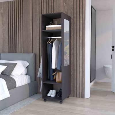 15.7" Modern Mirrored Armoire with Three Shelves, Casters and Hanging Rod