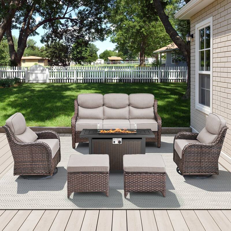 Arcadia 6-Piece PE Wicker Patio Seating Set with Durable All-Iron Fire Pit and 6-Inch Cushions
