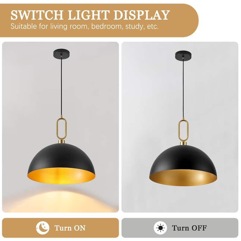 1-Light Industrial Metal Dome Pendant with Golden Ring Accent