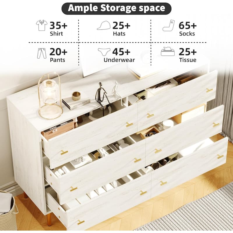 Farmhouse 6 Drawer Dresser, 47.2" Wide Rustic Wood Chest with Bar Handles, Vintage Storage Organizer for Bedroom