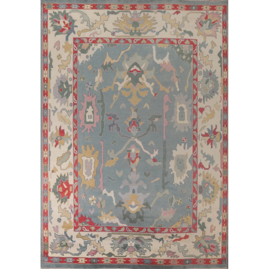 Light Blue Oushak Area Rug Hand-Knotted Transitional Wool Carpet - 9'1" x 11'9"