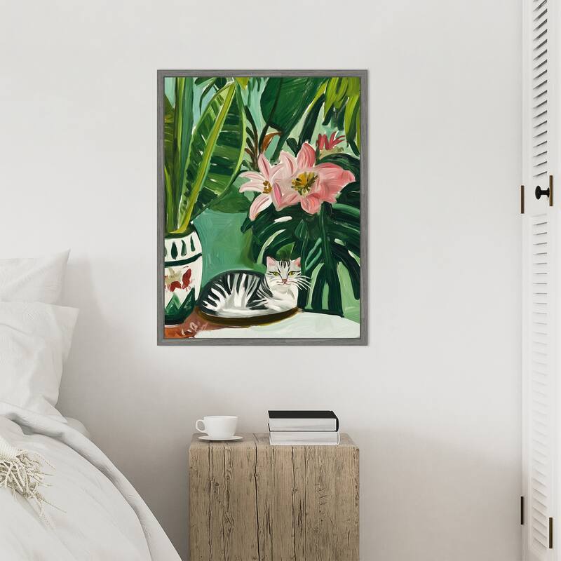 Tropical Muse With Cat by Mowzu Framed Canvas Wall Art