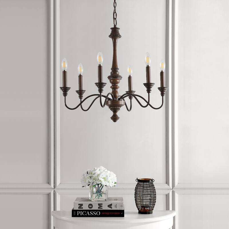 Sofia 25" 6-Light Midcentury Farmhouse Iron LED Chandelier, Wood Finished/Oil Rubbed Bronze by JONATHAN Y