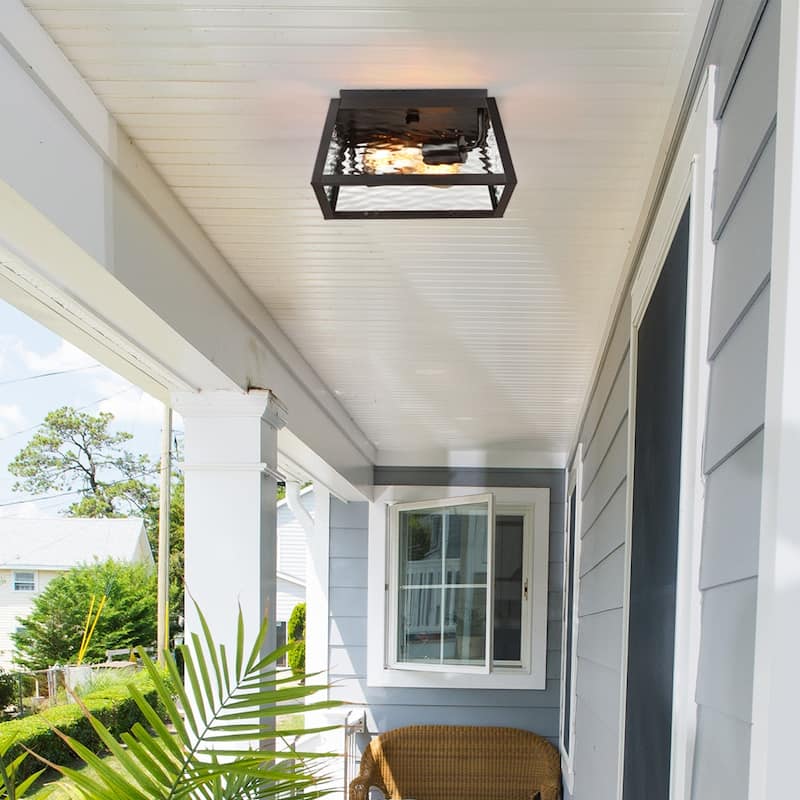 2-Light Black Outdoor Farmhouse Flush Mount Ceiling Light with Clear Water Glass
