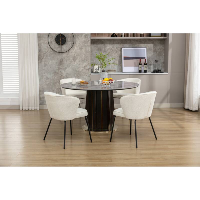 Set of 2 Boucle Fabric Dining Chairs With Black Metal Legs