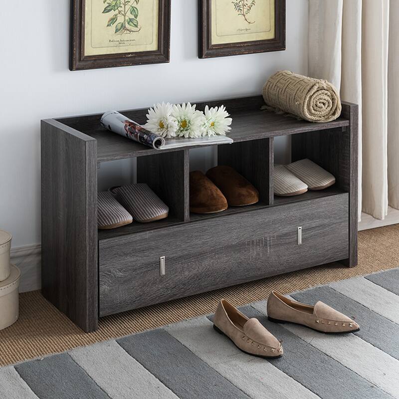 Entry Bench with Storage Drawer and Three Shelves - Grey