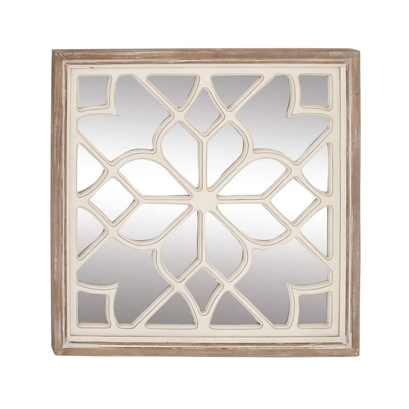Wood Floral Wall Mirror with Carved Overlay and Brown Frame - White - Roche River Decor - 1"W x 30"L x 30"H