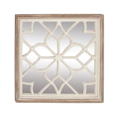Wood Floral Wall Mirror with Carved Overlay and Brown Frame - White - Roche River Decor - 1"W x 30"L x 30"H
