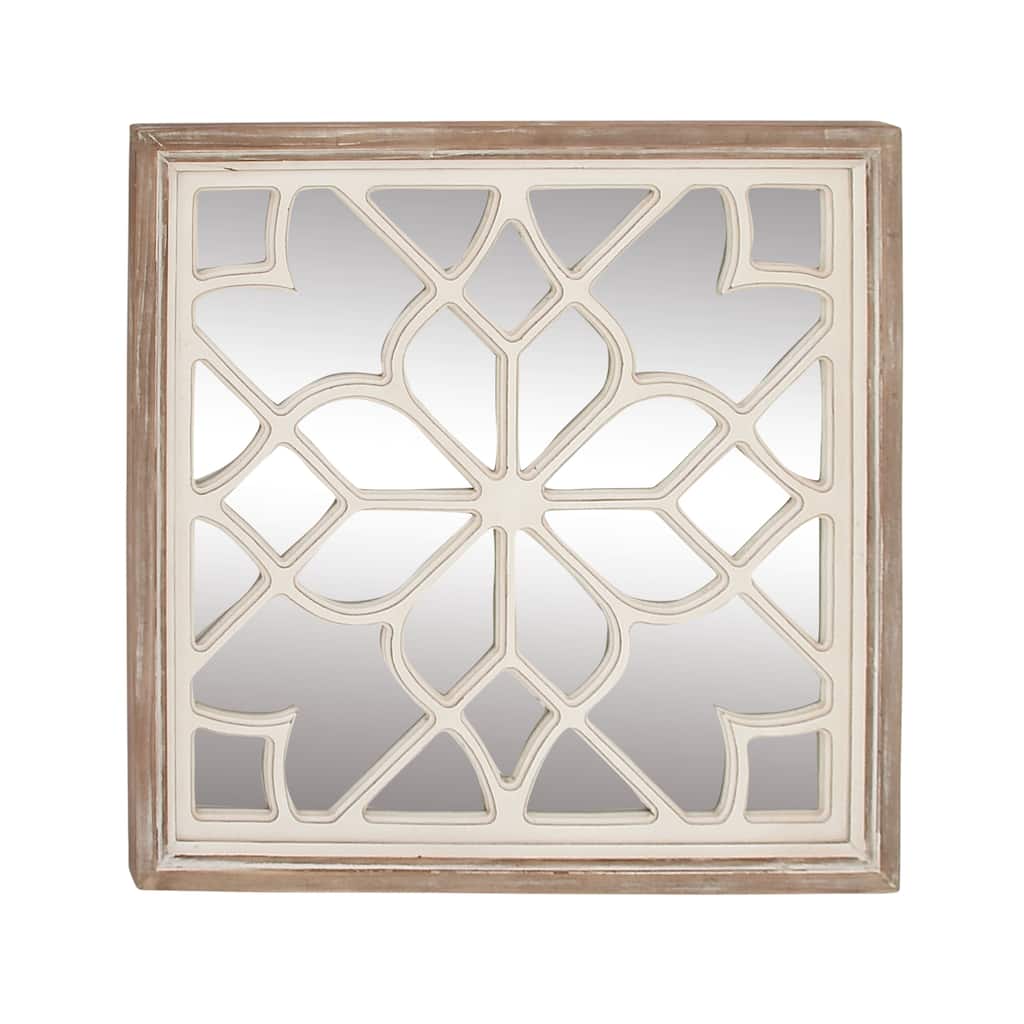 Wood Floral Wall Mirror with Carved Overlay and Brown Frame - White - Roche River Decor - 1"W x 30"L x 30"H