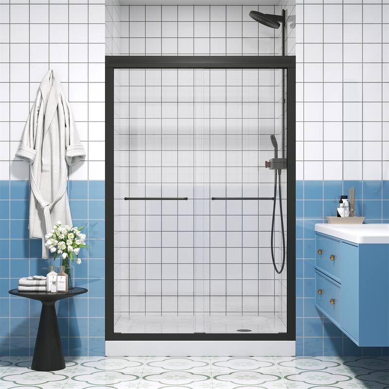 Half Frameless Double Sliding Glass Shower Door, 1/4 inch Tempered Glass