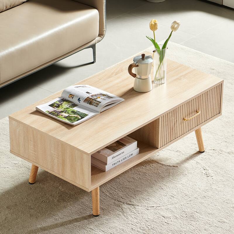 Modern Rectangular Coffee Table with Sliding Drawers and Storage Space, for Living Room, Natural Wood Color