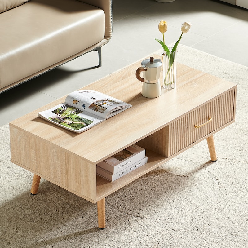 Rectangle Coffee Table with Solid Wood Legs, Sliding Drawer for Storage, Modern Table