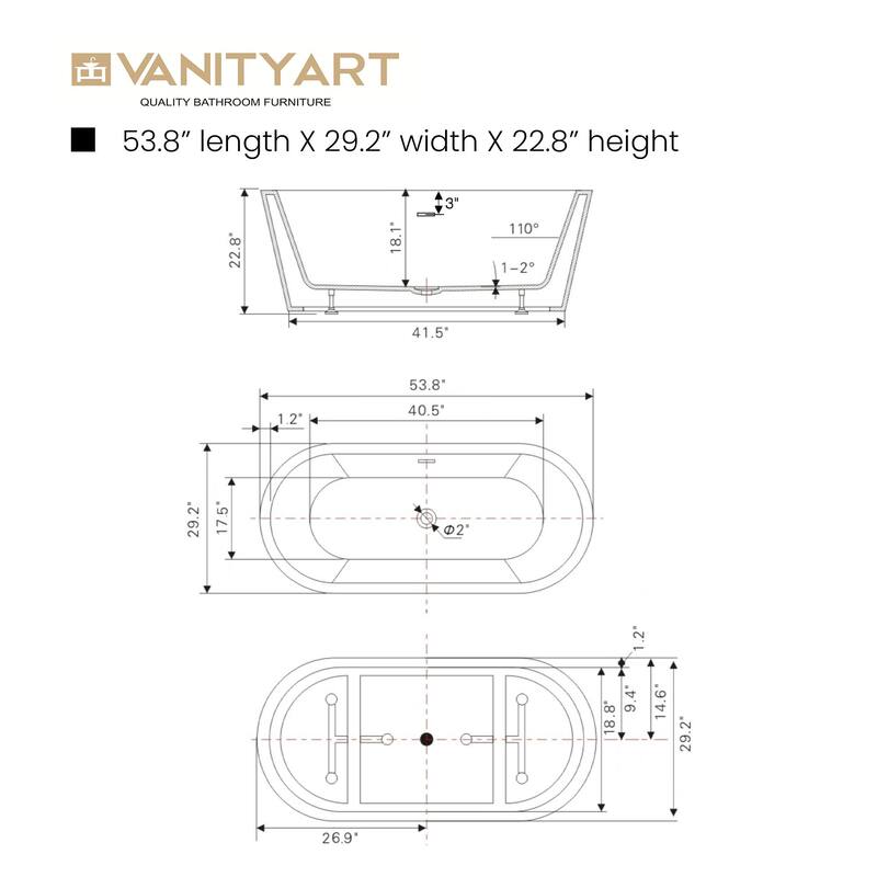 Vanity Art 54" Non-Slip Acrylic Freestanding Soaking Bathtub with Slotted Overflow & Pop-up Drain