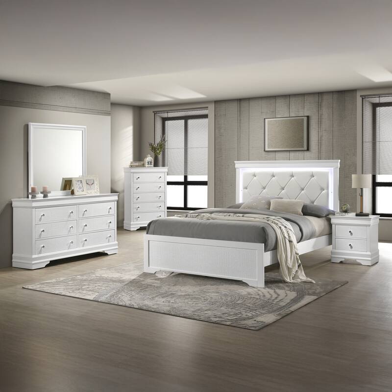 Blaze 4PC/5PC Bedroom Set - Modern Elegance with Tufted LED Bed, Velvet-Lined Drawers, and Textured Detailing - Blaze Full 5PC White - Full - 5 Piece