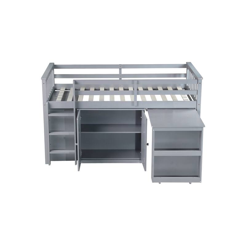 Twin Rubber Wood Loft Bed with Shelf Storage Cabinet and Pulling-Out Desk