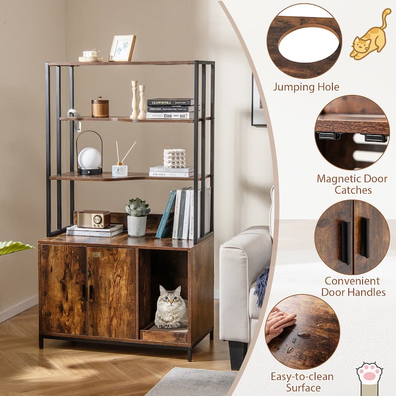 Gymax 61'' Cat Litter Box Enclosure w/ Storage 3-tier Shelves Side