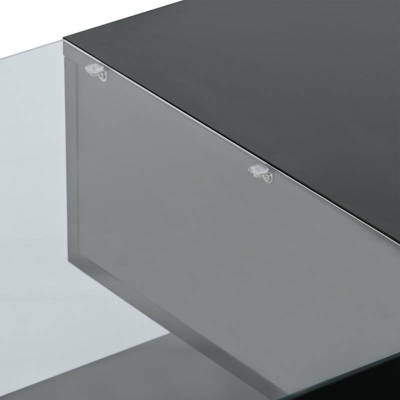 Modern Tempered Glass Coffee Table, 2-Tier Rectangular Center Table with Sliding Drawers, for Living Rooms, Black