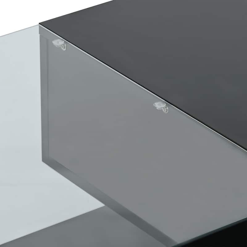 Roomfitters Modern Coffee Table with Tempered Glass Top, High Gloss 2-Tier Rectangle Center Table for Living Room