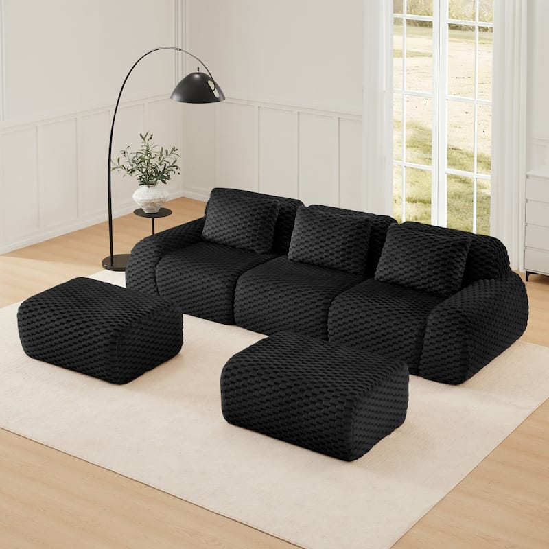 114" Flannelette Modern U-Shaped Modular Boneless Sectional Sofa with Ottoman - Black