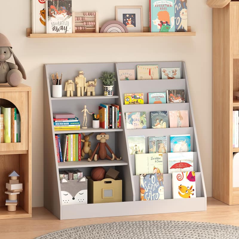 Kids Bookshelf and Toy Storage Organizer, Multifunctional 4 Tier Wooden Kids Book Shelf with Bookcase Display Stand