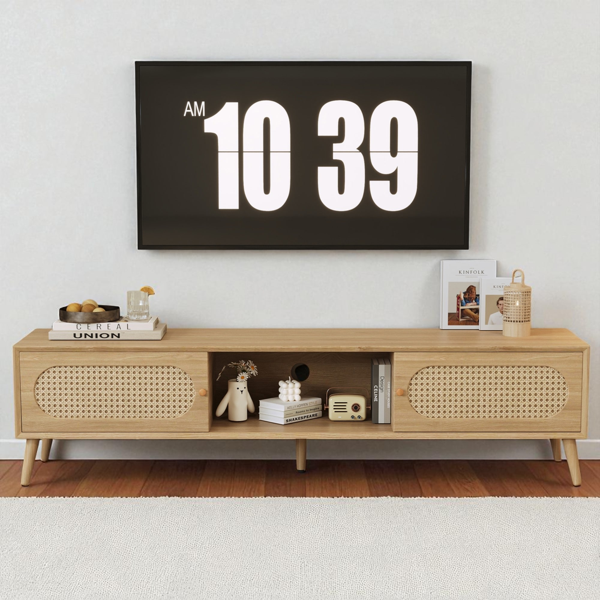 70.8" Boho Farmhouse TV Stand for 80 Inch TV, Entertainment Console with Rattan Doors, Drawer & Wood Legs