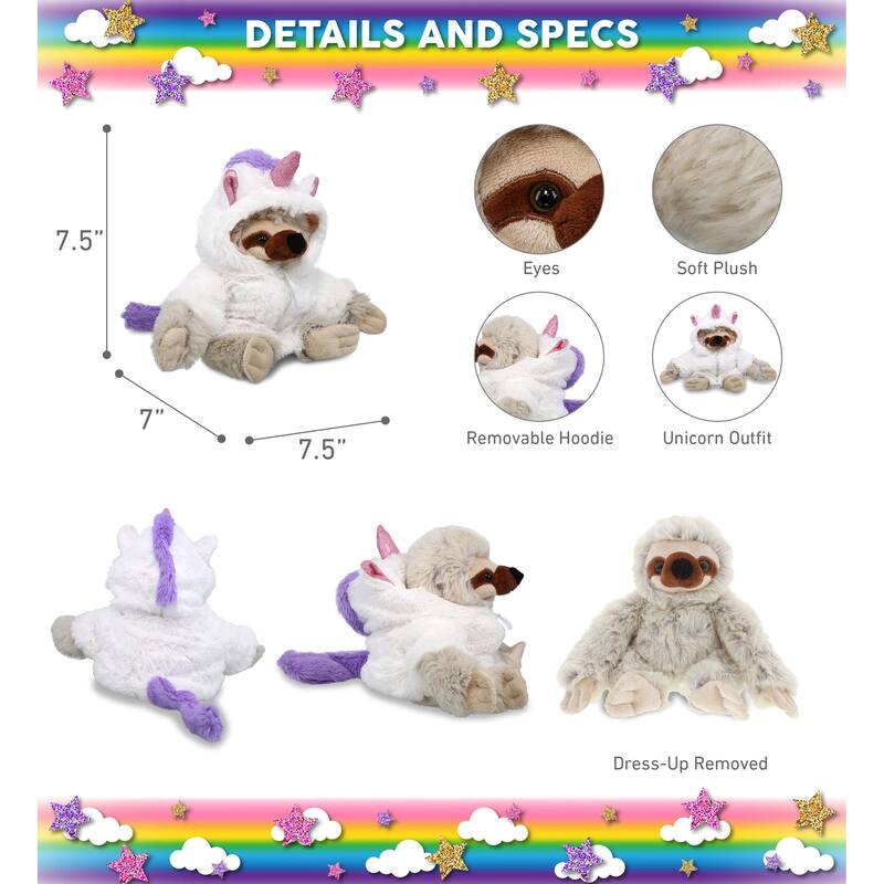 DolliBu Sloth Unicorn Plush Stuffed Animal Toy with Removable Outfit - 7.5 inches