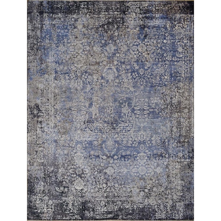 Fine Pure Silk hand-knotted Silk Gray/Blue Area Rug - 8' x 10'