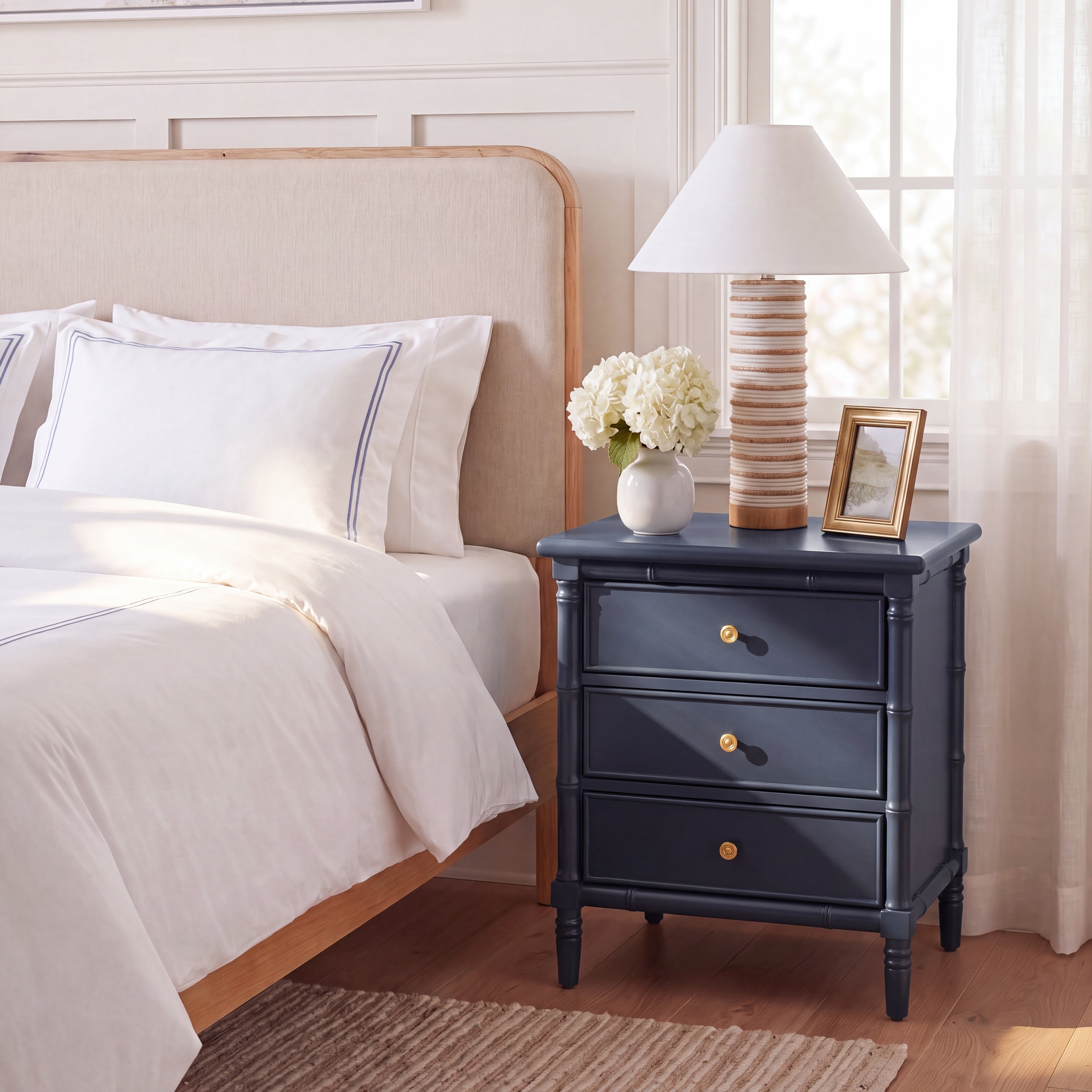 SAFAVIEH Mina Modern Coastal 3 Drawer Navy Bamboo Nightstand