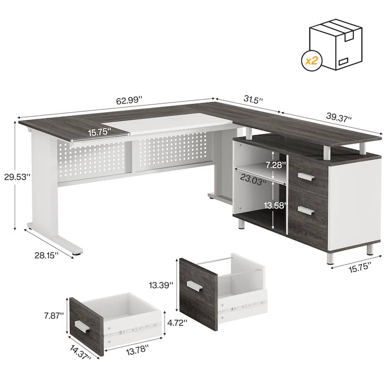 63-Inch L-Shaped Executive Desk with Storage Shelves