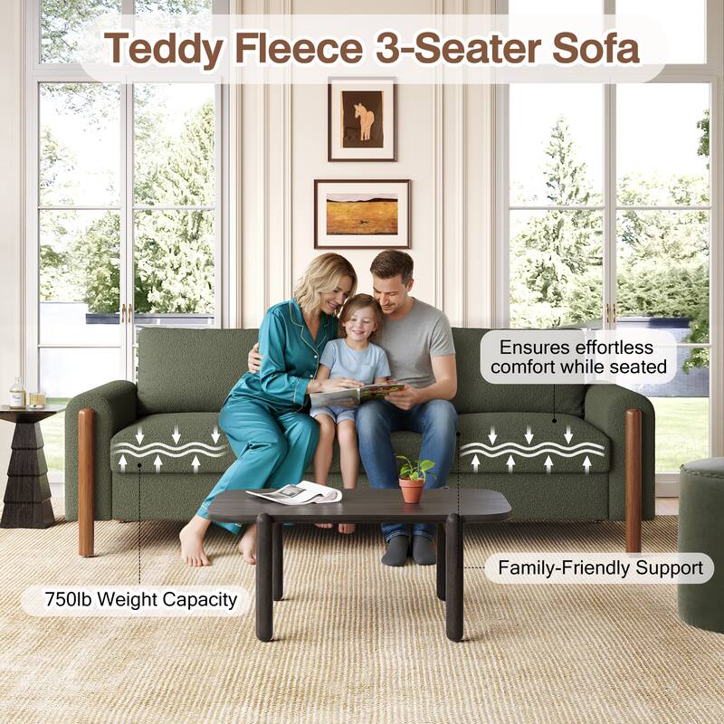 Teddy Velvet Fabric 3 Seater Sofa, Upholstered Sofa with Curved Armrest, Lounge Sofa Chair with Solid Wood Legs