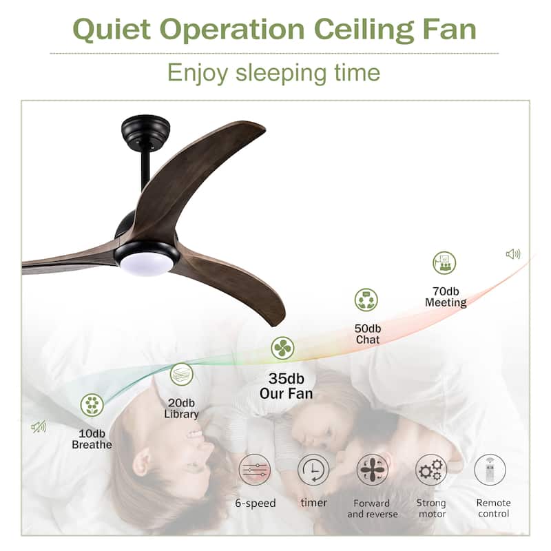 52" Solid Wood Blades Ceiling Fan With Light with Remote Control, Noiseless Reversible Motor, 6 Speed, 3 Color