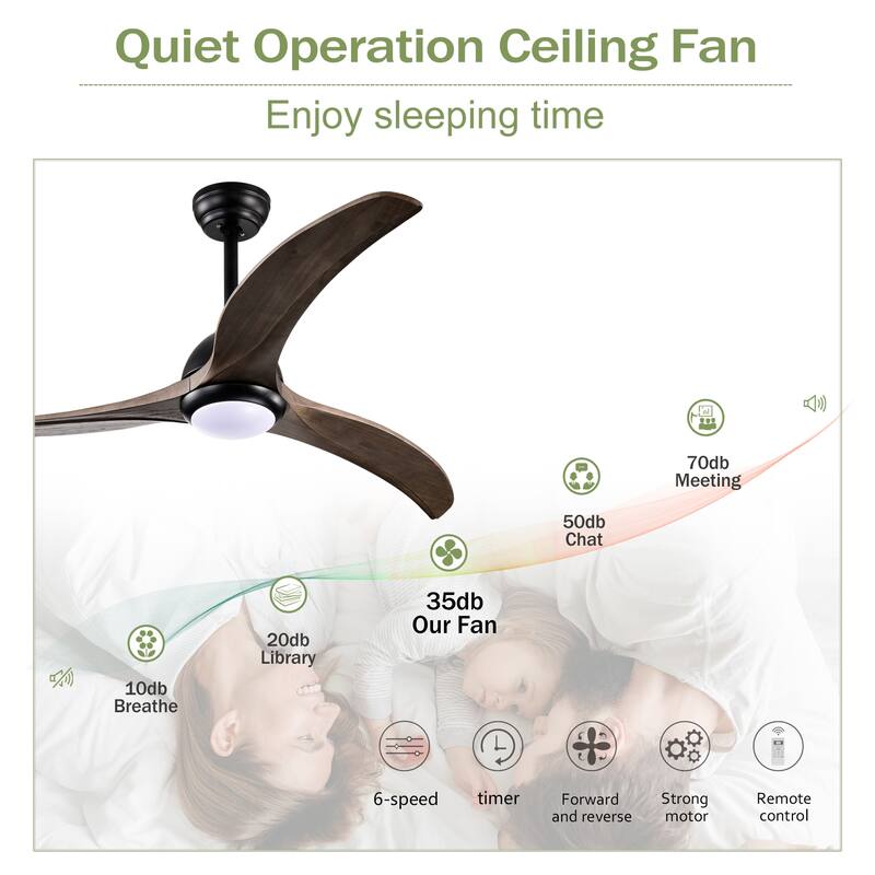 52 Inch Ceiling Fan with Light and Remote, Indoor/Outdoor Wood Ceiling Fan with 3 Blades, Noiseless Reversible DC Motor