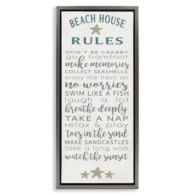 Stupell Fun Recreations Beach Rules Framed Floater Canvas Wall Art Design By Seven Trees Design - 15 x 31 - Grey