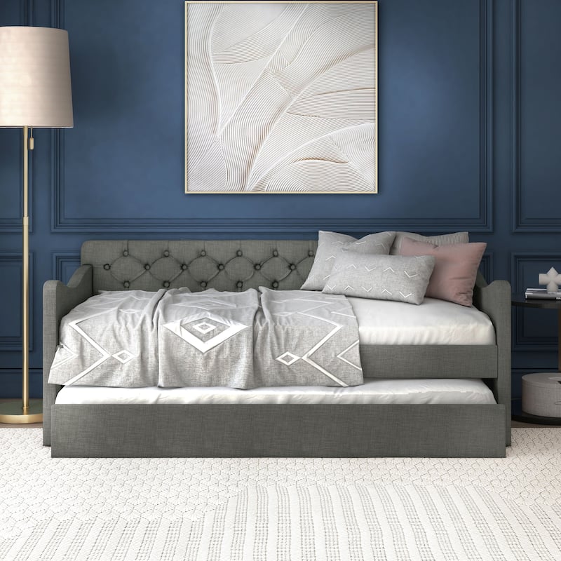 Exodel Contemporary Twin Upholstered Tufted Day Bed with Trundle by Furniture of America